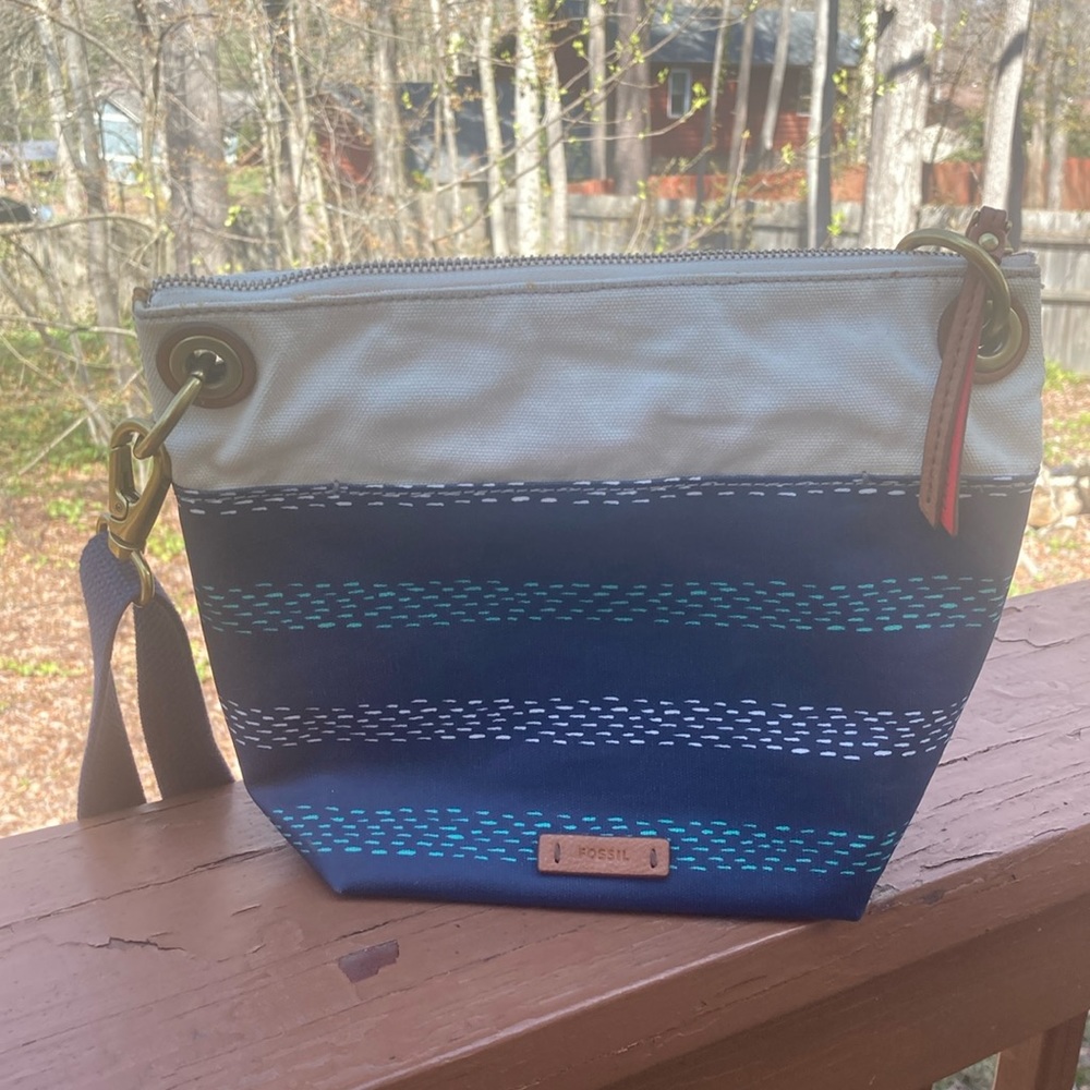 Fossil blue plastic coated canvas purse
